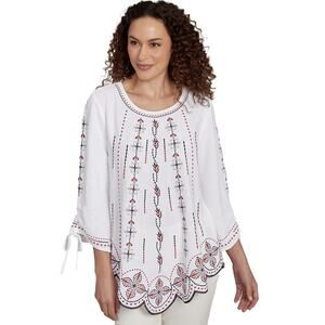 Ruby Rd NWT Petites White Embroidered Bali Tie Sleeve Blouse Top PL Spring Beach